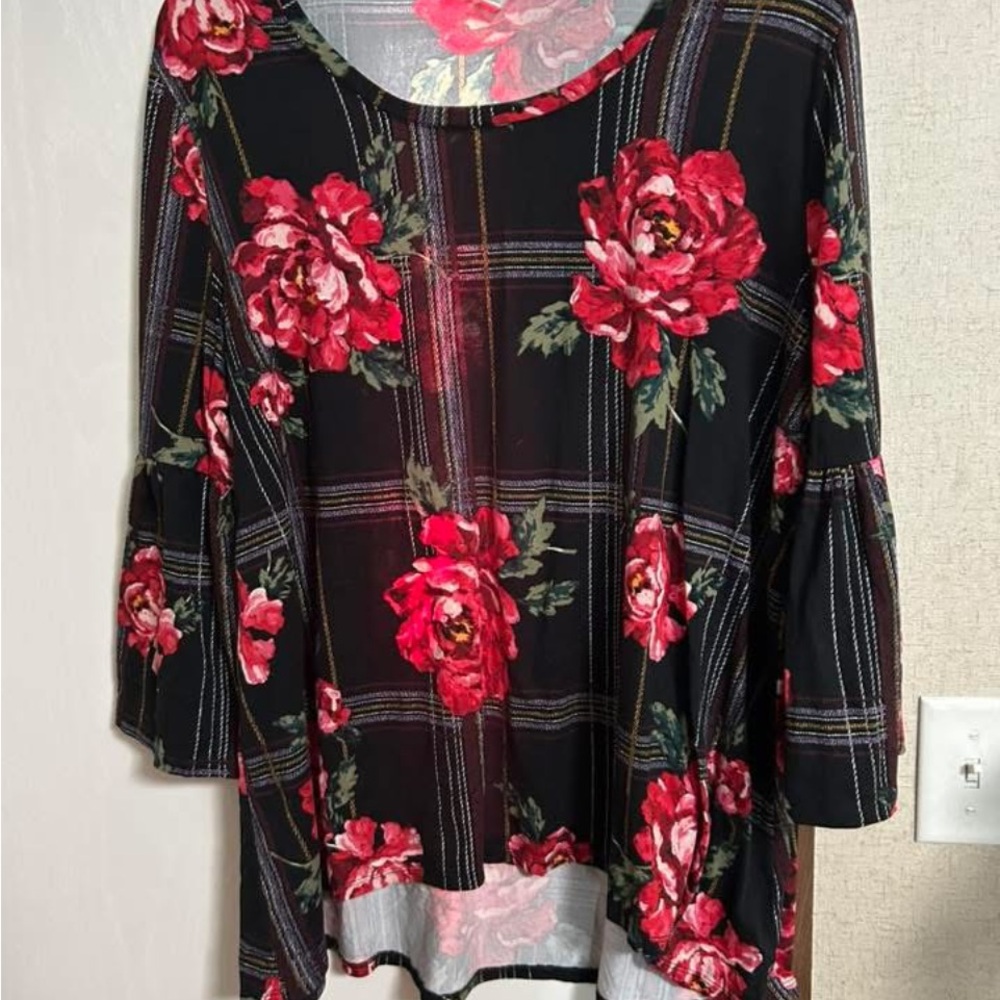 Cato Black and Pink Floral Checkered Blouse